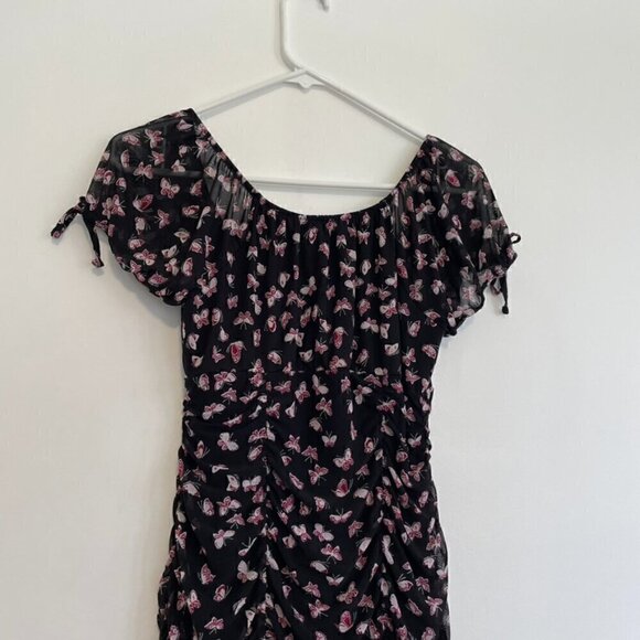ULTRA FLIRT Black Burgundy Butterfly Print Mesh Tie Neck Y2K Ruched Mini Dress M - Picture 14 of 15